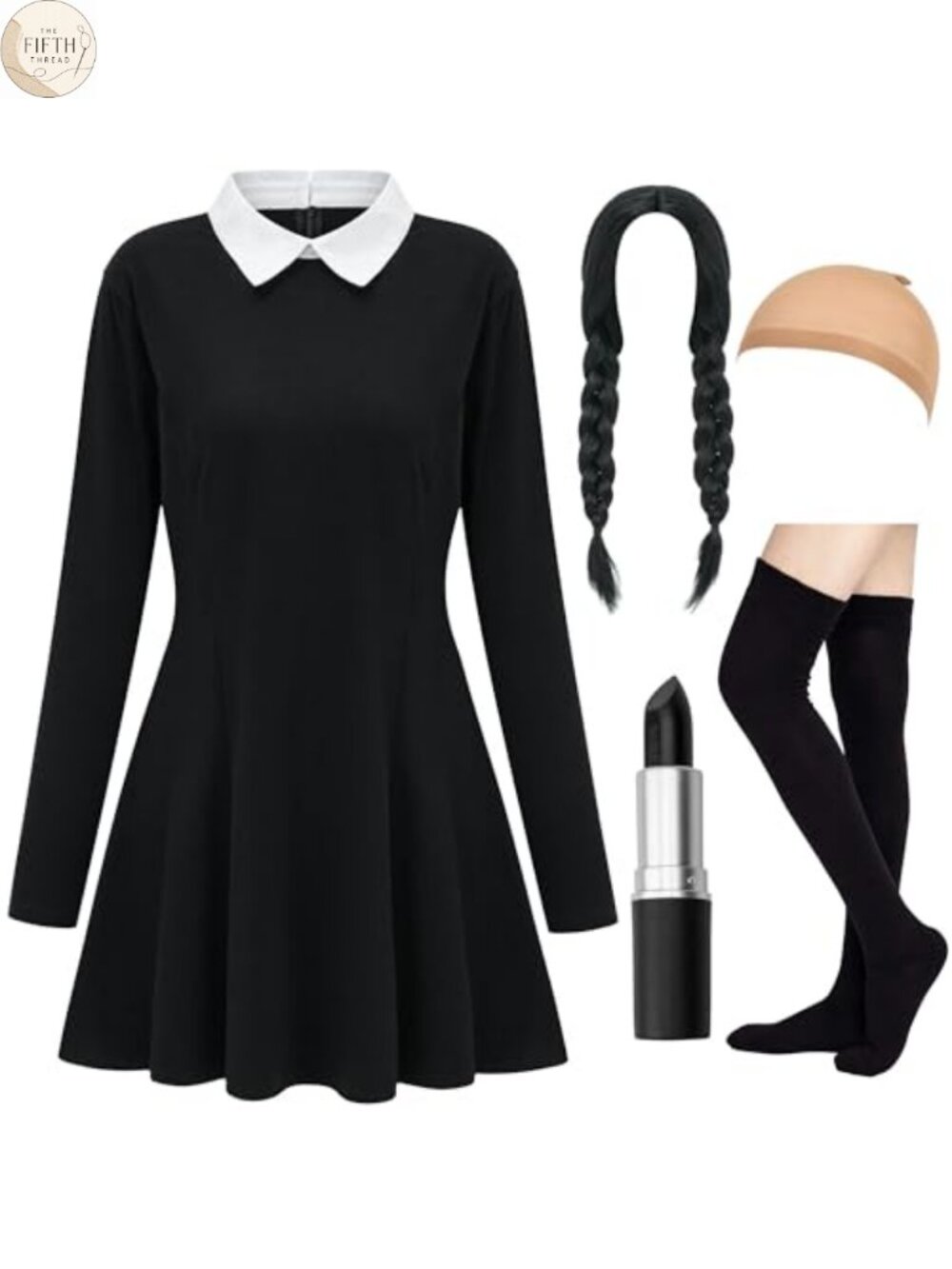 Women's Halloween Costume Set Long Sleeve Peter Pan Collar Dress Wig Socks